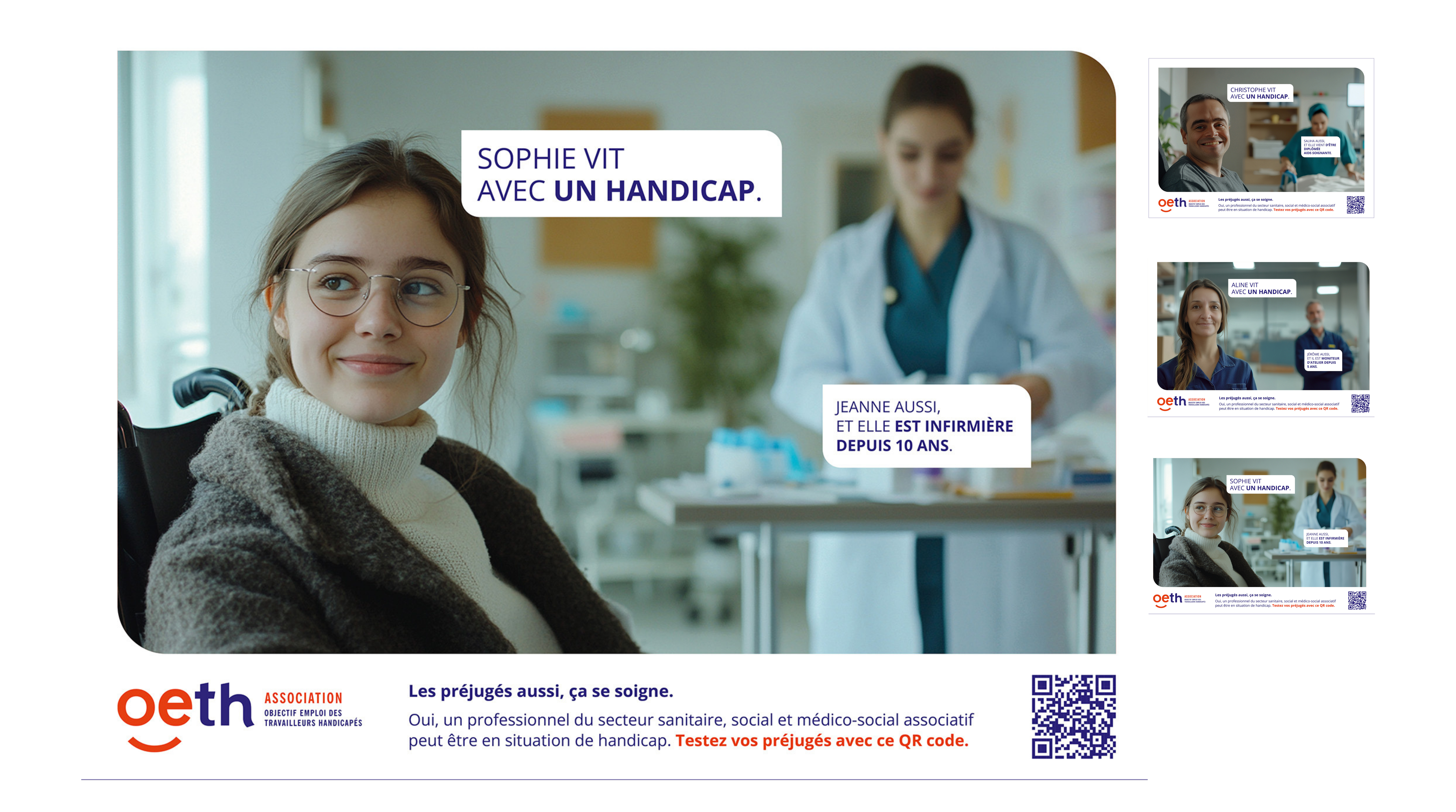 une personne en situation de handicap et une infirmière avec une baseline les préjugés aussi ca se soigne